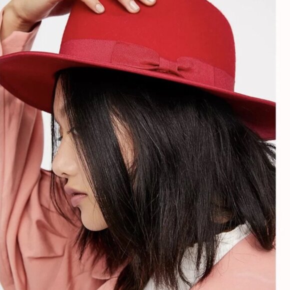 NWOT Free People Beau Red Hipster Hat 100% Wool Casual Hippie Brimmed Band O/S - Picture 6 of 6